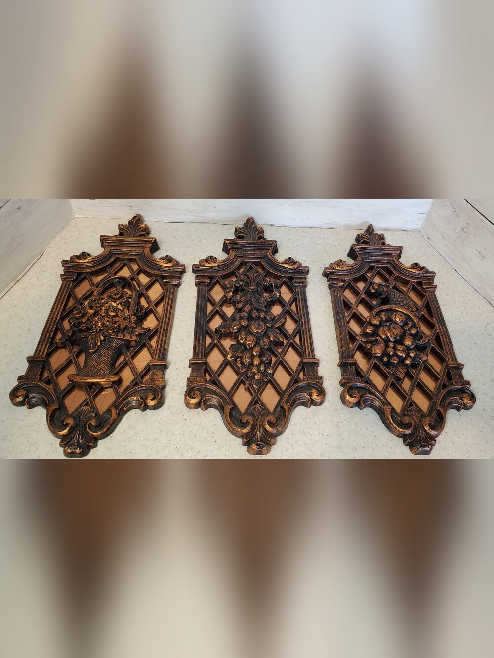 Coppercraft Guild Copper Wall Plaque Set 3 Fruit Flowers Vintage MCM Decor 13"